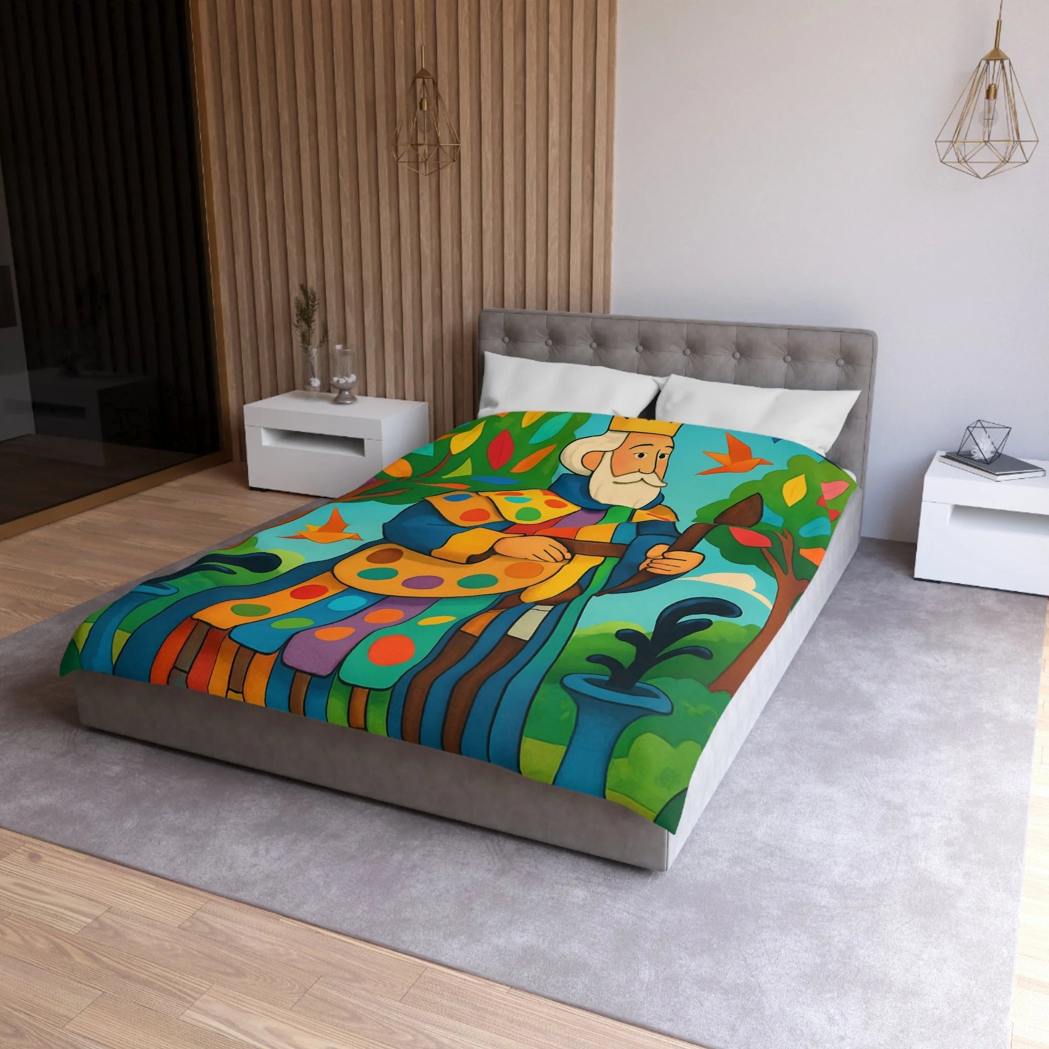 Housse de couette multicolore avec roi et oiseaux dans un jardin enchanteur