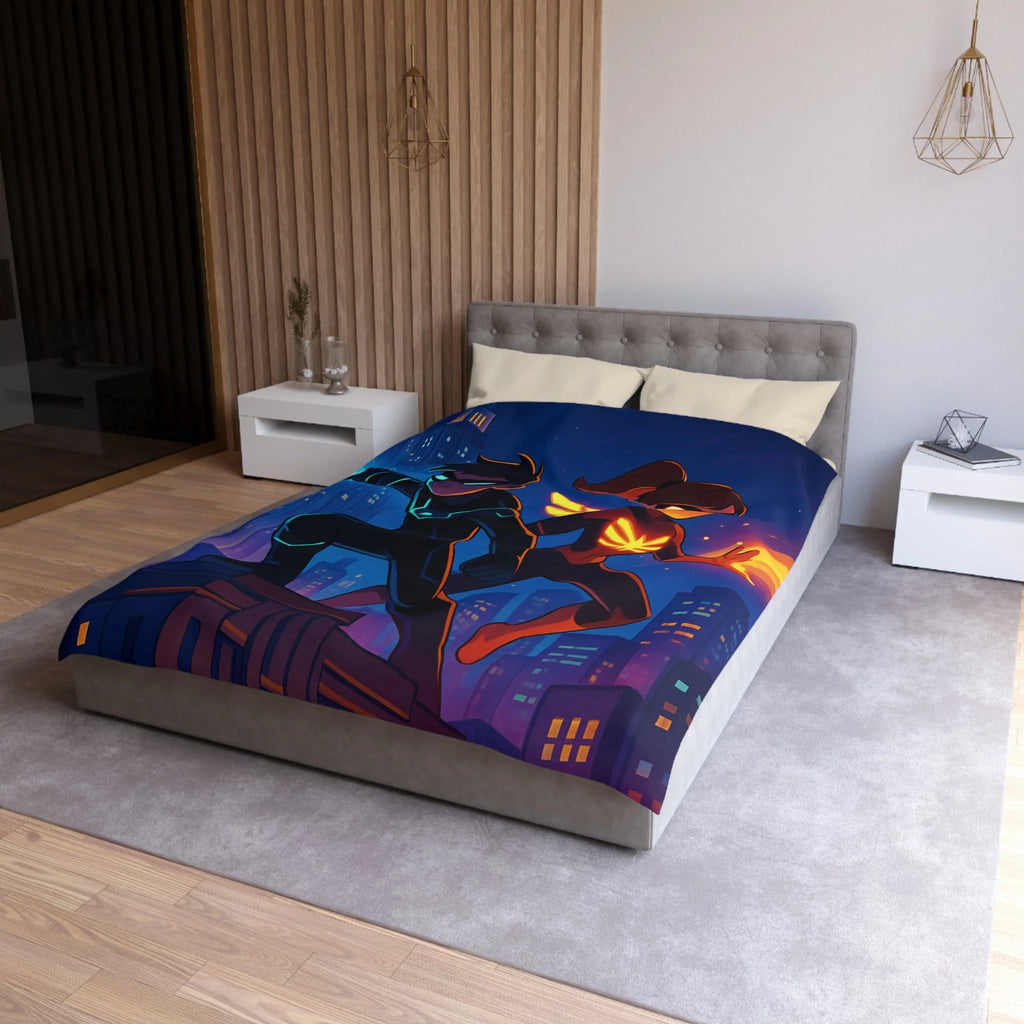 Housse de couette super-héros urbain : ambiance dynamique, couleurs vives, motifs modernes et audacieux