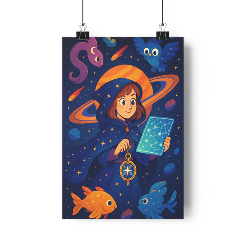Poster sorcière carte boussole planètes étoiles poissons plante verte étagère blanche ambiance mystérieuse fantastique cartoon couleurs vives exploration univers chambre