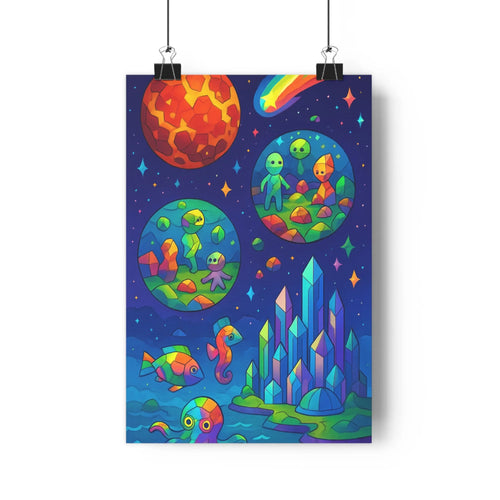 Poster fantastique planètes géométriques créatures aquatiques cristaux étoiles bleu vert rouge jaune cartoon vibrant chambre salon