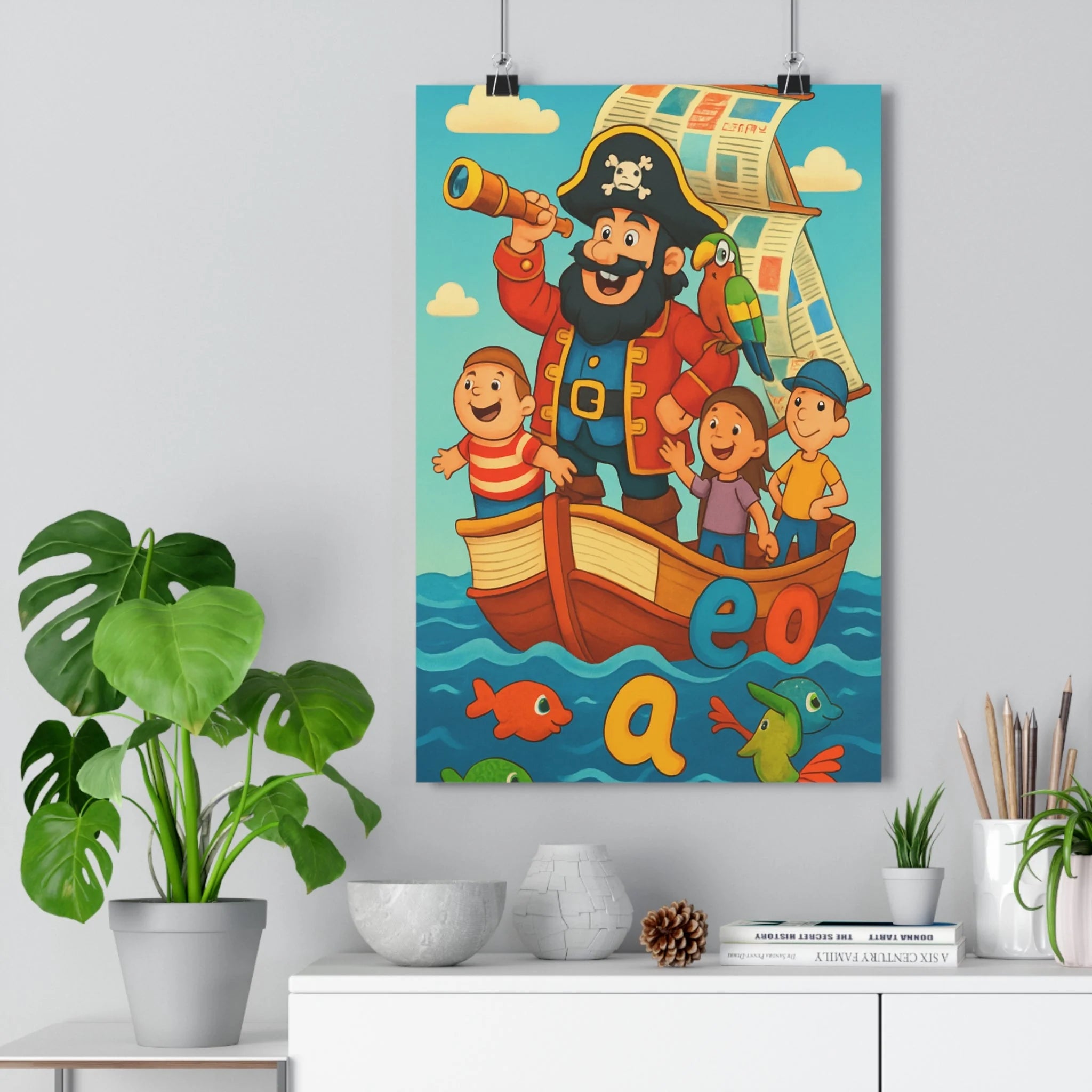Poster décoratif cartoon aventure maritime joyeux coloré enfant chambre pirate bateau perroquet lettres poissons