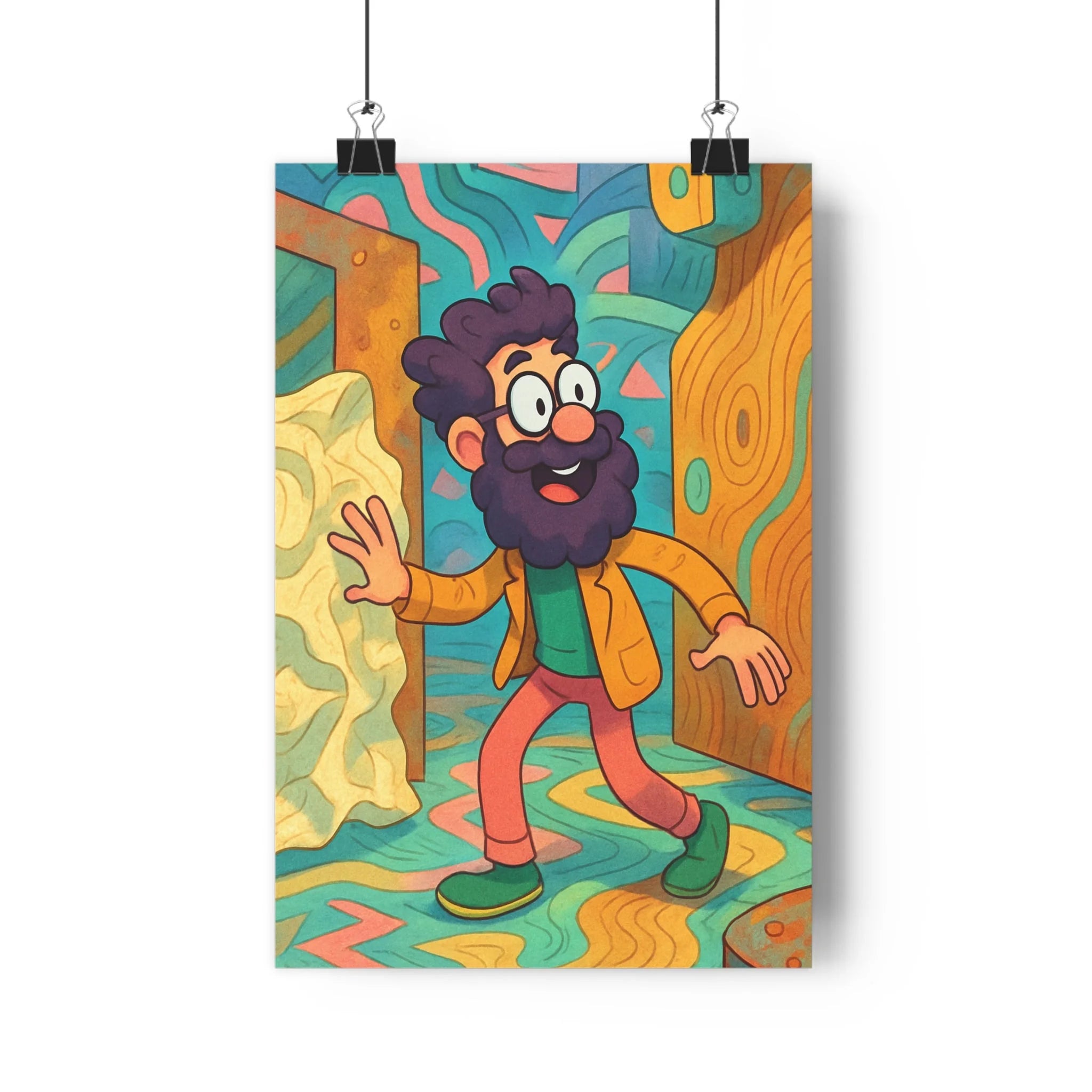 Poster décoratif cartoon bleu jaune rose joyeux salon chambre enfant design vibrant créatif immersif