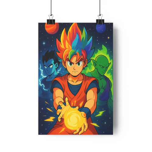 Poster vibrant guerrier cheveux multicolores vêtement rouge bleu boule lumineuse ciel étoilé planètes colorées ambiance fantastique couleurs chaudes style graphique