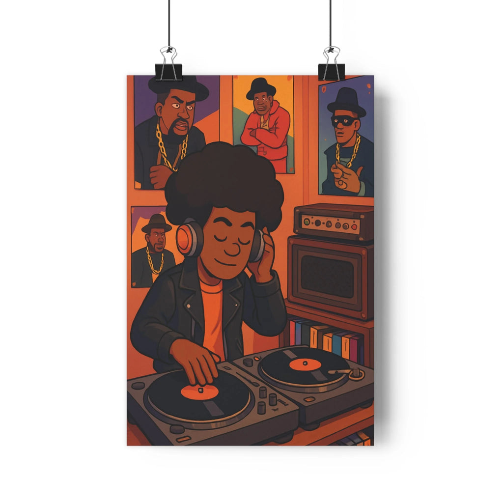 Poster décoratif vintage rétro dj vinyles cuir casque audio ambiance chaude nostalgique salon unique