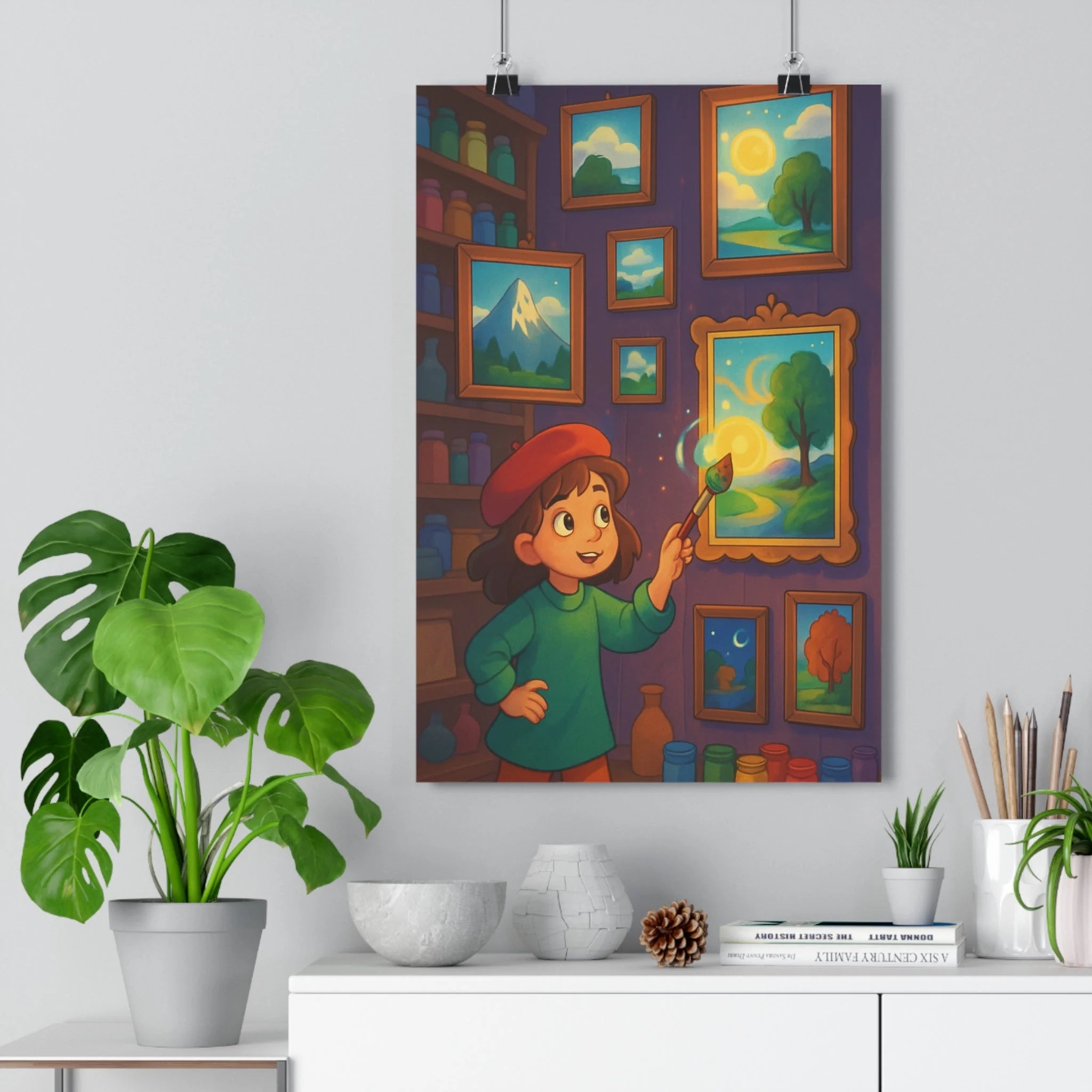 Poster décoratif féerique coloré nature vert bleu jaune enfant chambre créatif joyeux artistique 30