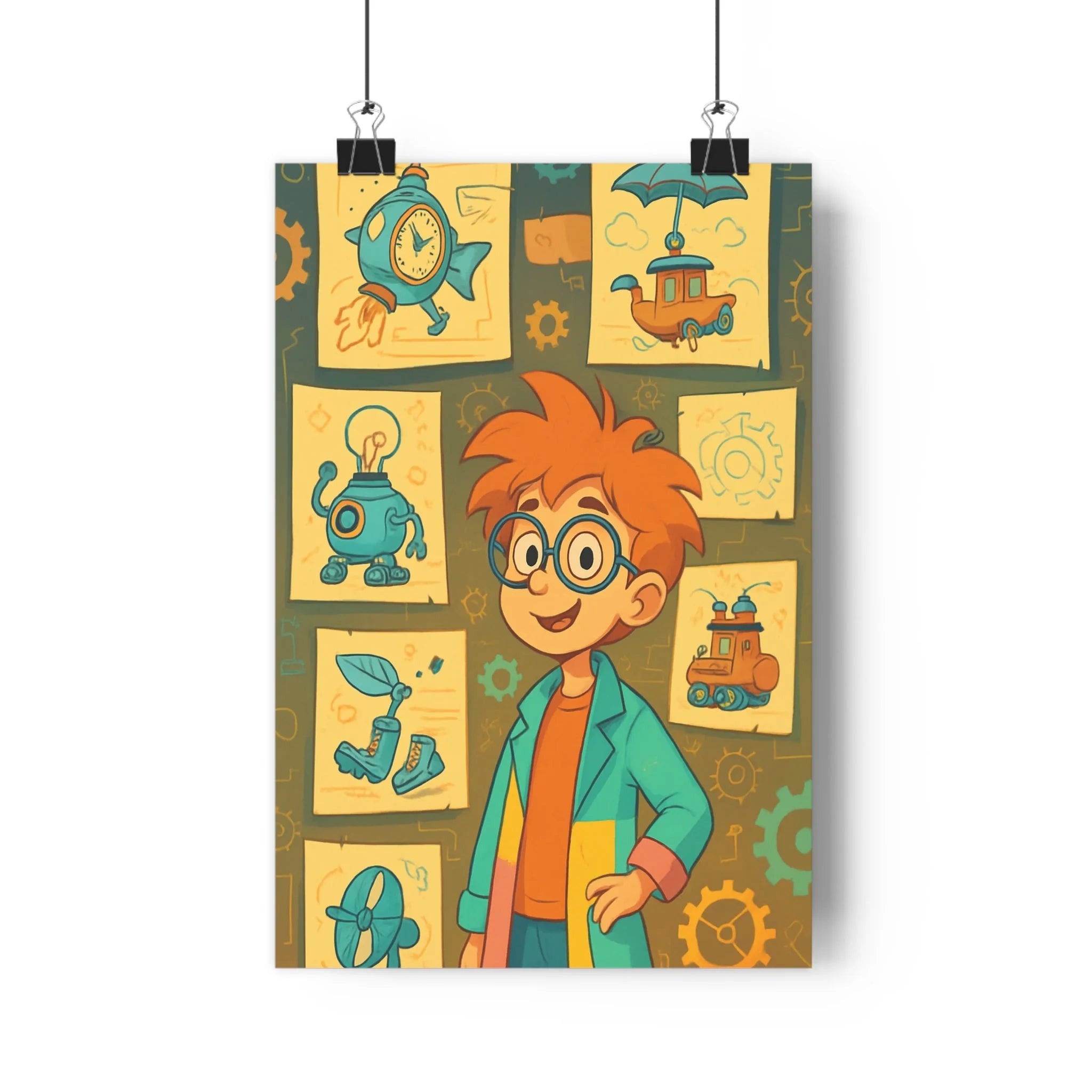 Poster décoratif cartoon steampunk rouge orange ludique enfant créatif chambre inventeur excentrique format 30x46