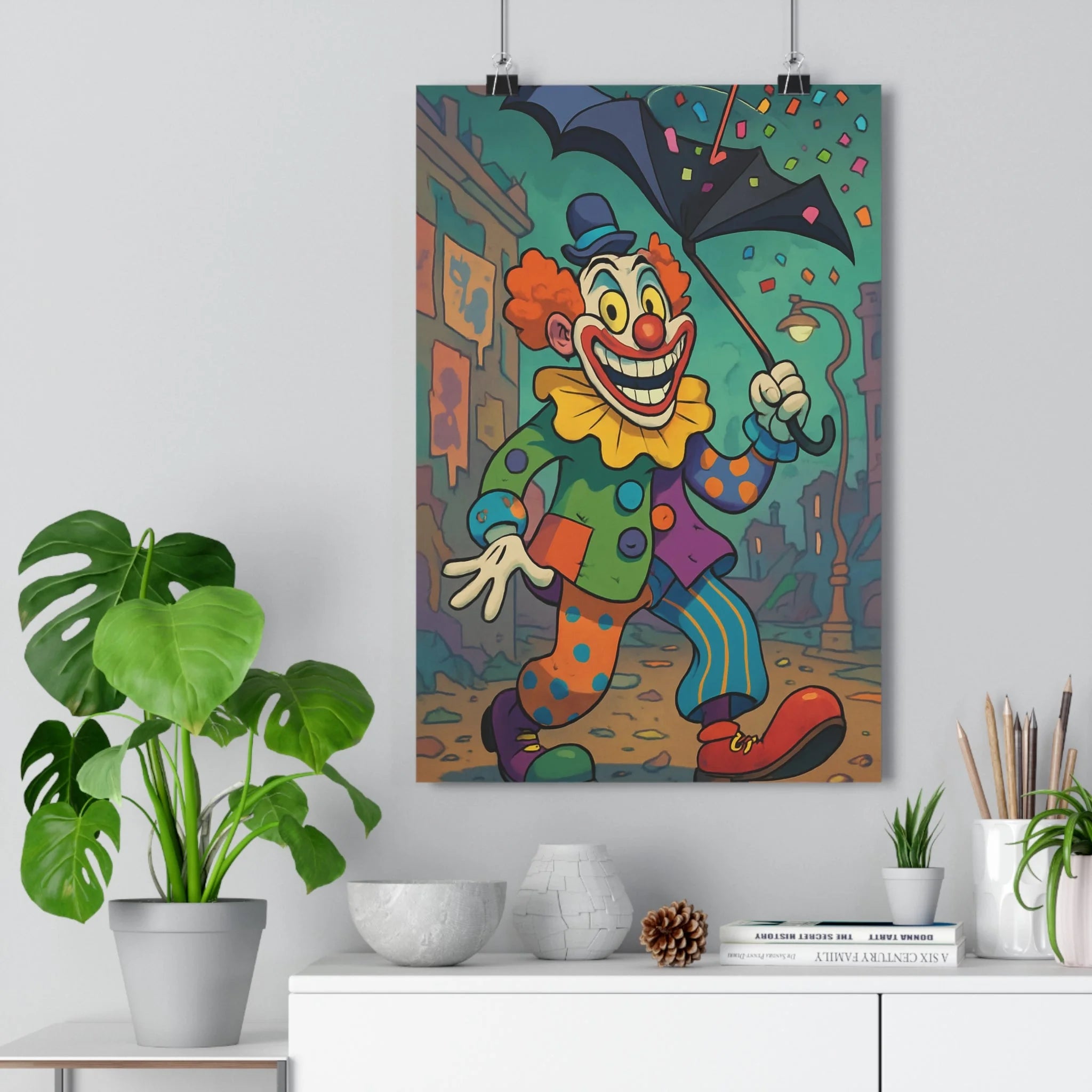 Poster décoratif coloré anarchique clown vibrant moderne vert orange violet ambiance urbaine joyeuse salon