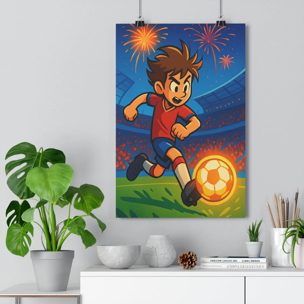 Poster décoratif cartoon football rouge bleu joueur dynamique chambre enfant vibrant festif moderne tendance