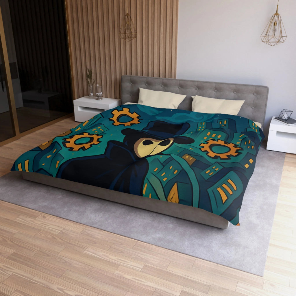 Housse de couette mystérieuse avec personnage masqué, engrenages dorés et ville nocturne