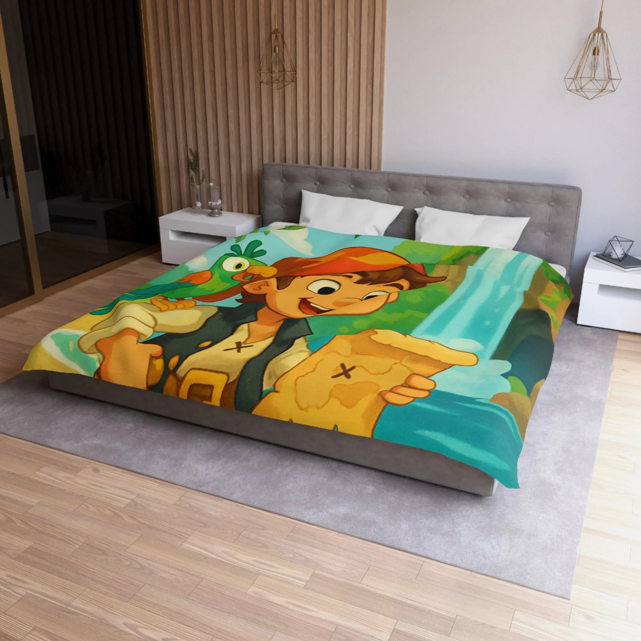 Housse de Couette Pirate Enfantine avec Perroquet, Carte au Trésor, Cascade et Plage
