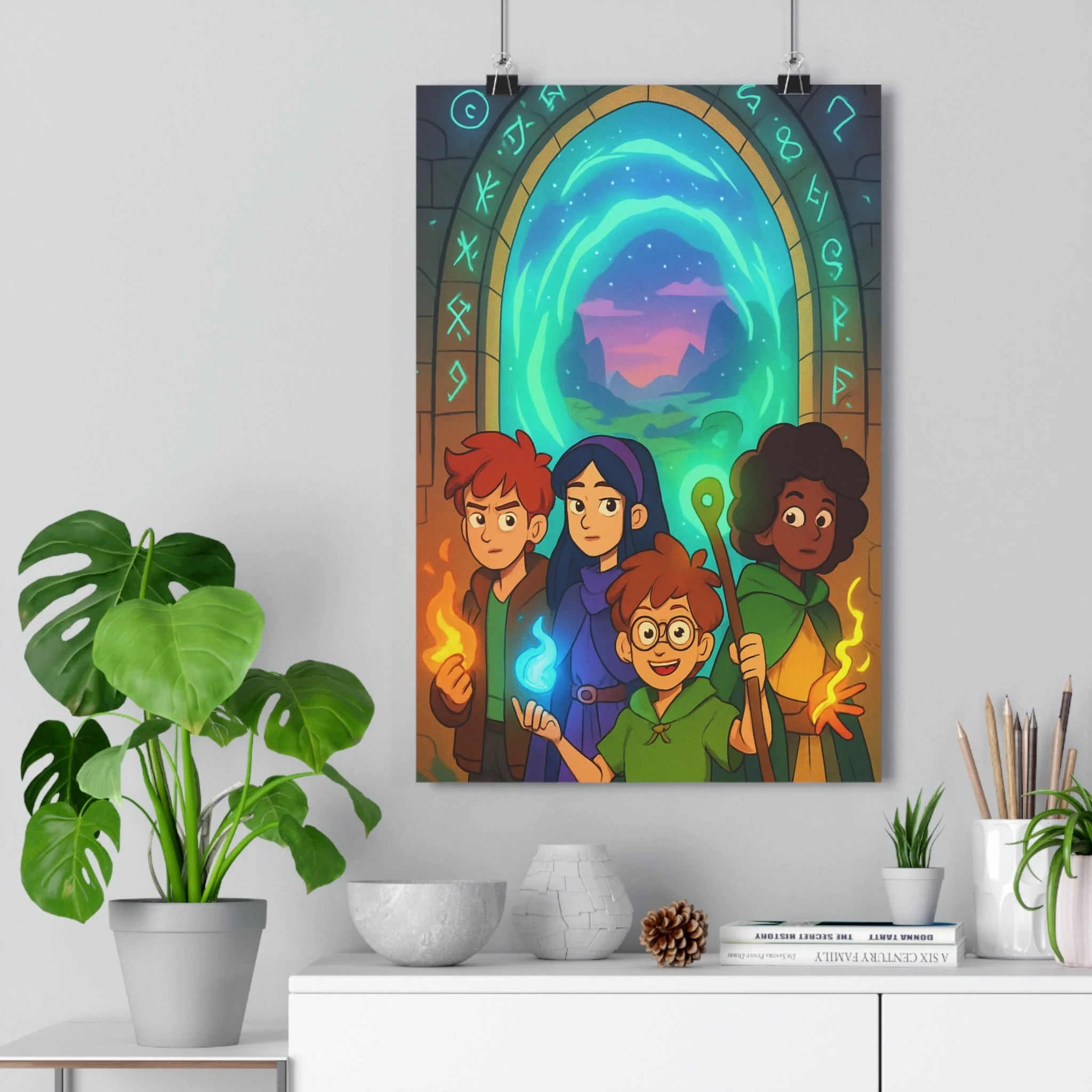 Poster décoratif cartoon fantastique bleu vert orange mystique aventure chambre bureau vibrant design magie