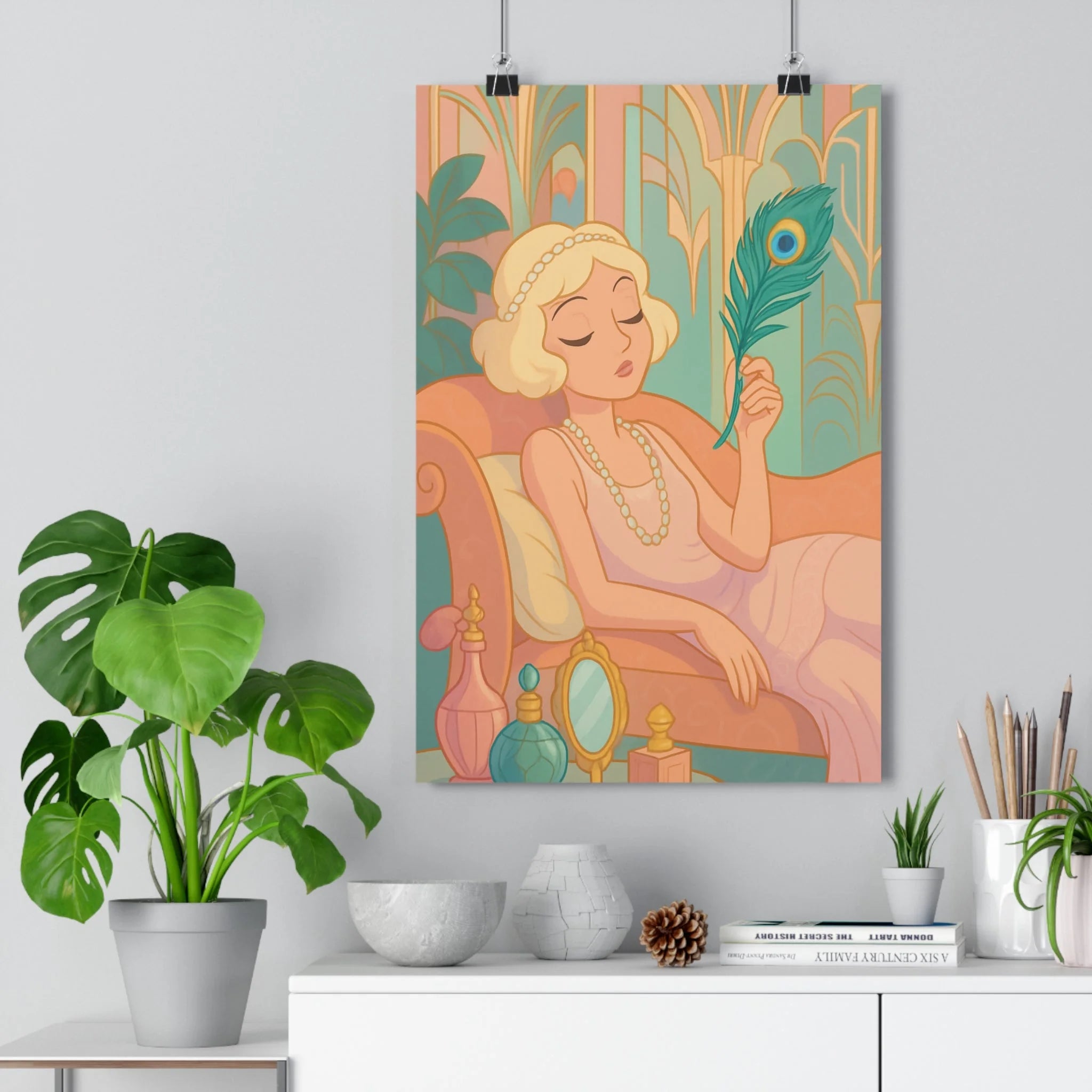 Poster décoratif art déco pastel rose vert salon chambre élégant vintage féminin perles plume