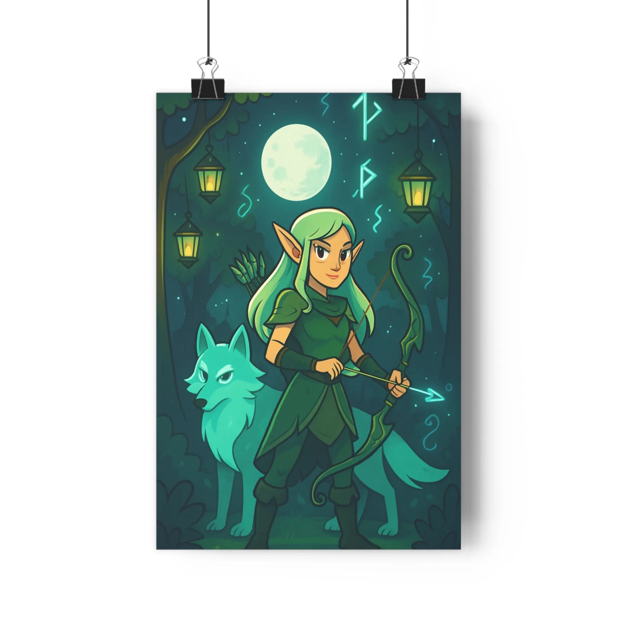 Poster décoratif elfique forêt enchantée vert bleu mystique féérique chambre enfant magique aventure nature