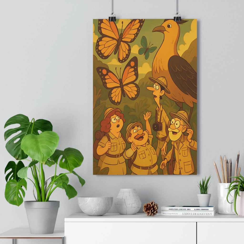 Poster décoratif cartoon aventure jungle vert orange chambre enfant explorateurs nature style épique vibrant