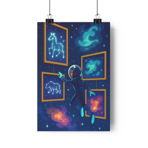 Poster astronaute espace constellation cheval étoiles nébuleuses cadres dorés constellations lion taureau nuit bleu violet calme fascinant moderne minimaliste
