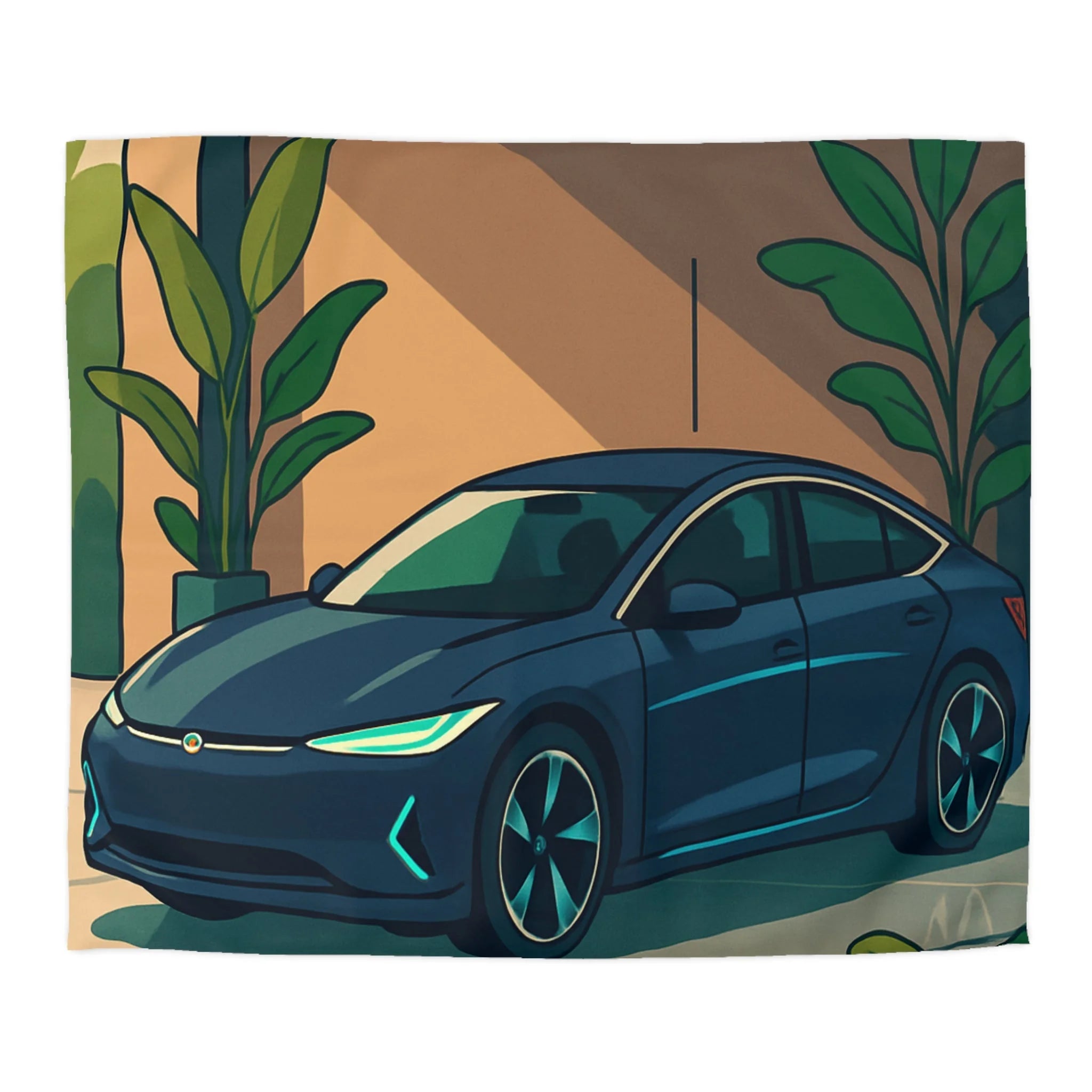 Housse de Couette Moderne avec Voiture et Plantes Vertes pour Design Chic Urbain