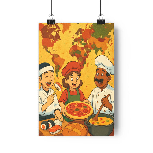 Poster vibrant cuisine chefs baguettes pizza casserole mappemonde livres plats monstera jaune vert rouge cartoon convivial moderne