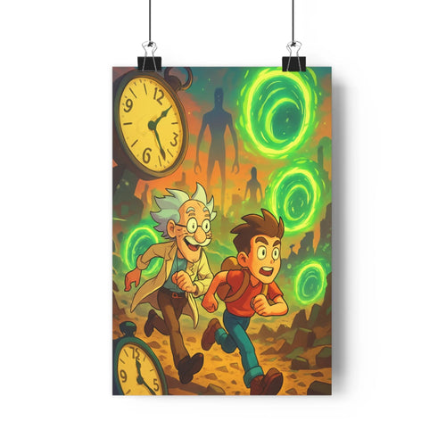 Poster aventure adultes enfants mystère horloge dimensions vertes oranges bleues cartoon vibrant dynamique chambre salon bureau