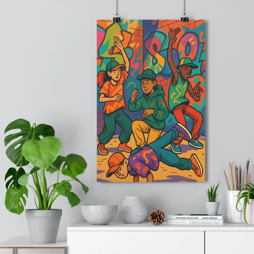 Poster danse hip hop graffiti mur coloré plantes étagère livres ambiance festive énergie passion chambre salon