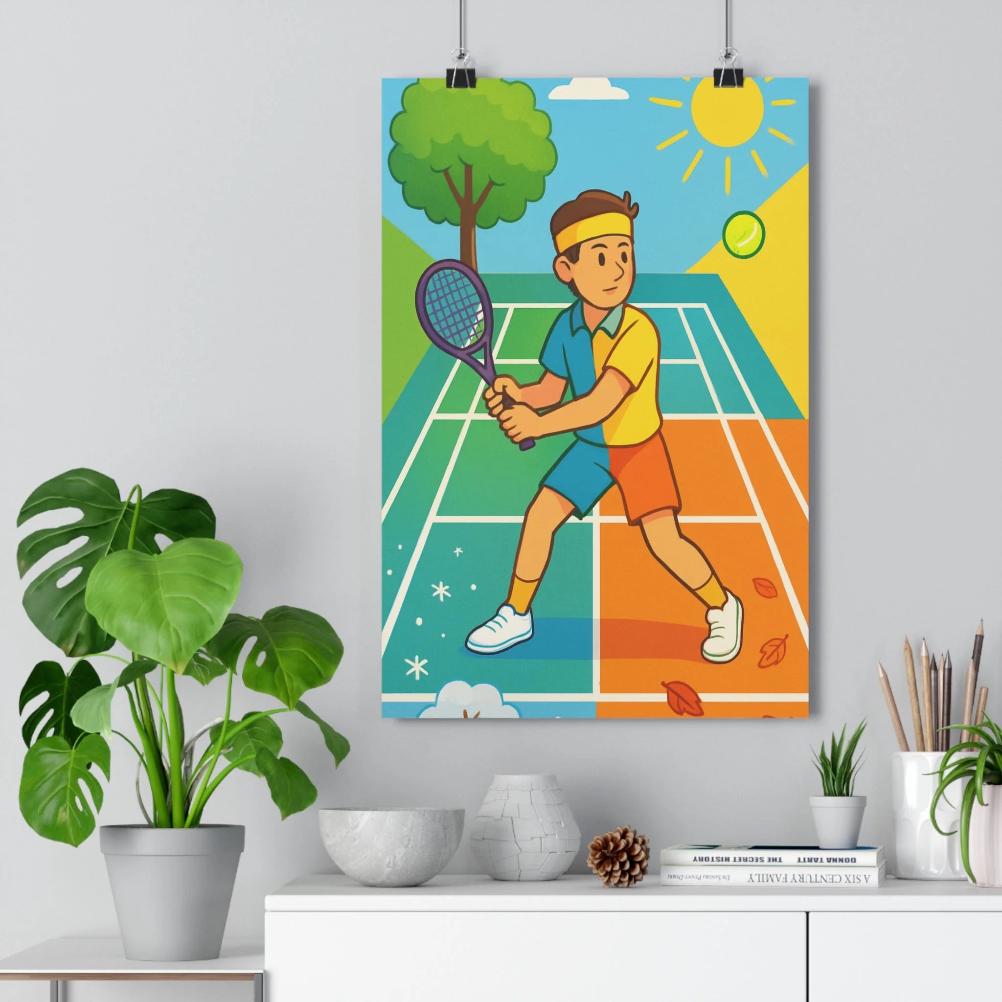 Poster décoratif cartoon tennis coloré saisonnier joyeux salon chambre enfant vibrant printemps automne hiver