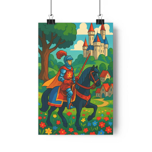 Poster chevalier armure bleue rouge cheval noir fleurs champ château tours arbres ciel nuages vert joyeux cartoon chambre salon