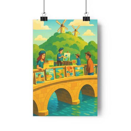 Poster artiste peintres pont pierre moulins à vent montagnes ciel bleu nuages ambiance paisible créative cartoon verdoyant élégant qualité