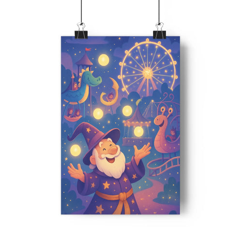 Poster magique festif sourire barbe blanche chapeau pointu robe étoilée ciel nocturne étoiles dorées grande roue cheval volant manège attractions