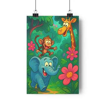 Poster éléphant bleu souriant singe orange girafe curieuse forêt luxuriante feuilles vertes fleurs roses violettes style cartoon formes arrondies expressions