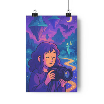 Poster féminine caméra nuit montagne étoiles lune cerf plante étagère livres moderne coloré ombres doux calme chambre salon