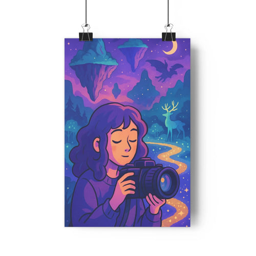 Poster féminine caméra nuit montagne étoiles lune cerf plante étagère livres moderne coloré ombres doux calme chambre salon