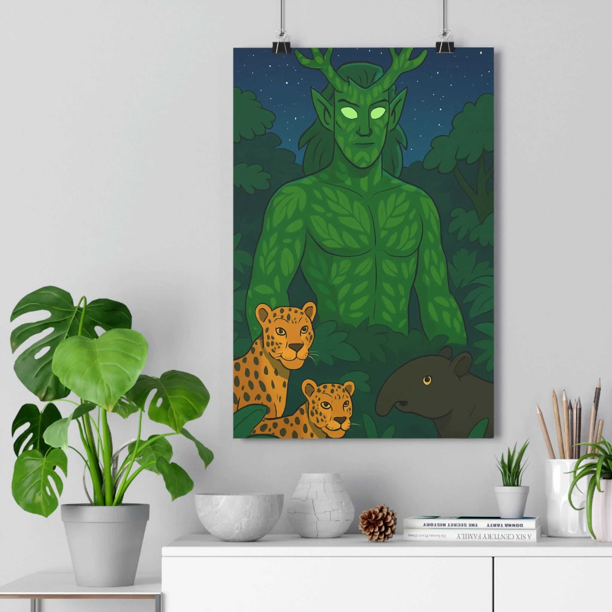 Poster décoratif fantaisie vert jaune mystique jungle salon chambre nature animaux dessin animé qualité