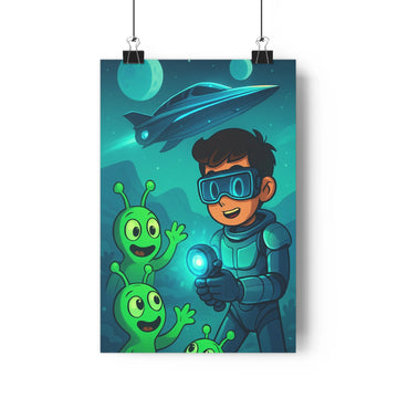 Poster aventure spatiale enfants extraterrestres astronaute lampe torchon vaisseau spatial ciel nocturne planètes mur blanc plantes vertes livres ambiance joyeuse