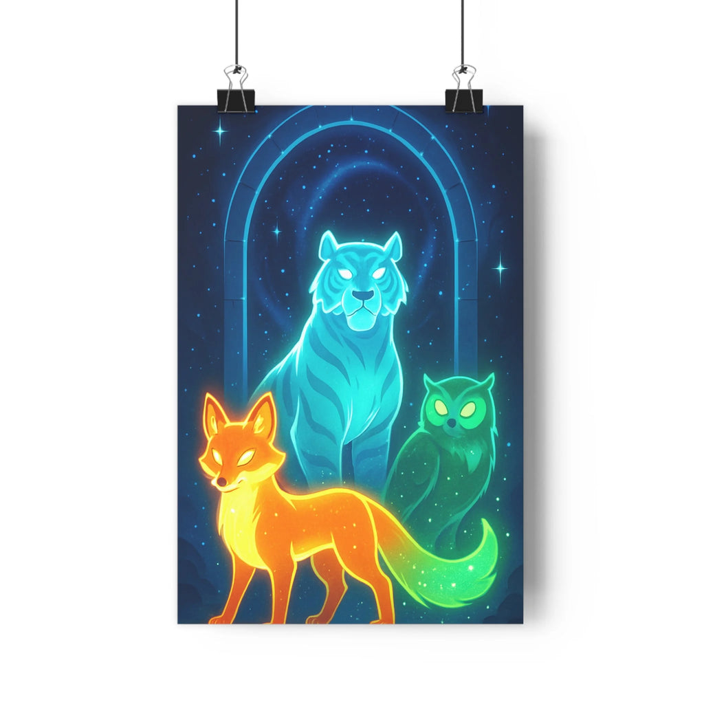 Poster décoratif créatures mystiques bleu orange vert cartoon fantastique mystérieux chambre enfant ambiance captivante