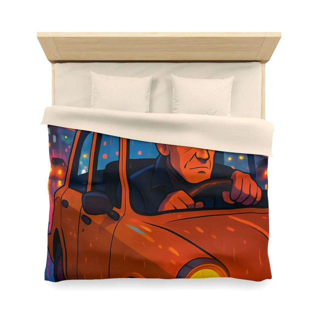 Illustration Nocturne Métropole avec Chauffeur de Taxi sous Pluie pour Housse de Couette