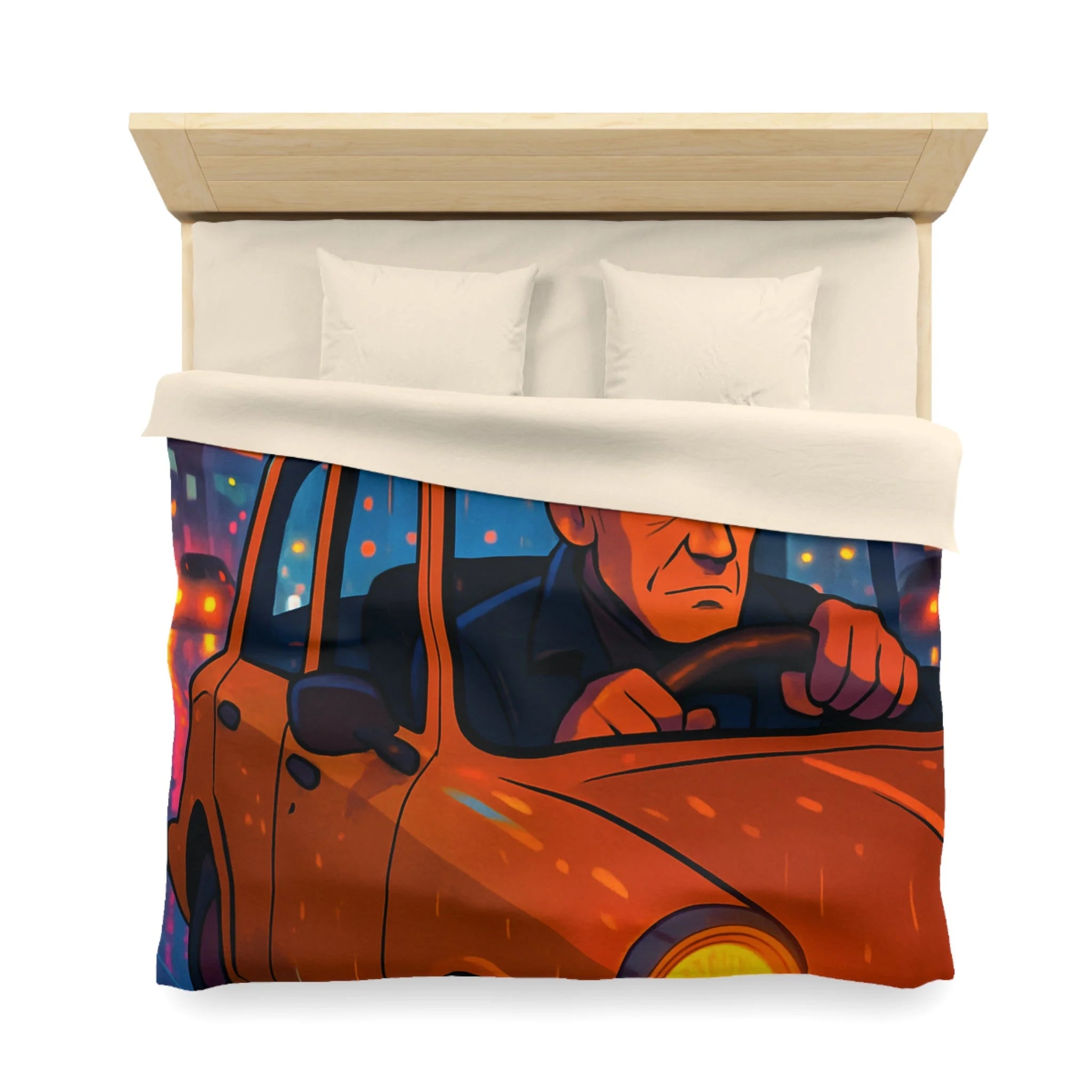 Illustration Nocturne Métropole avec Chauffeur de Taxi sous Pluie pour Housse de Couette