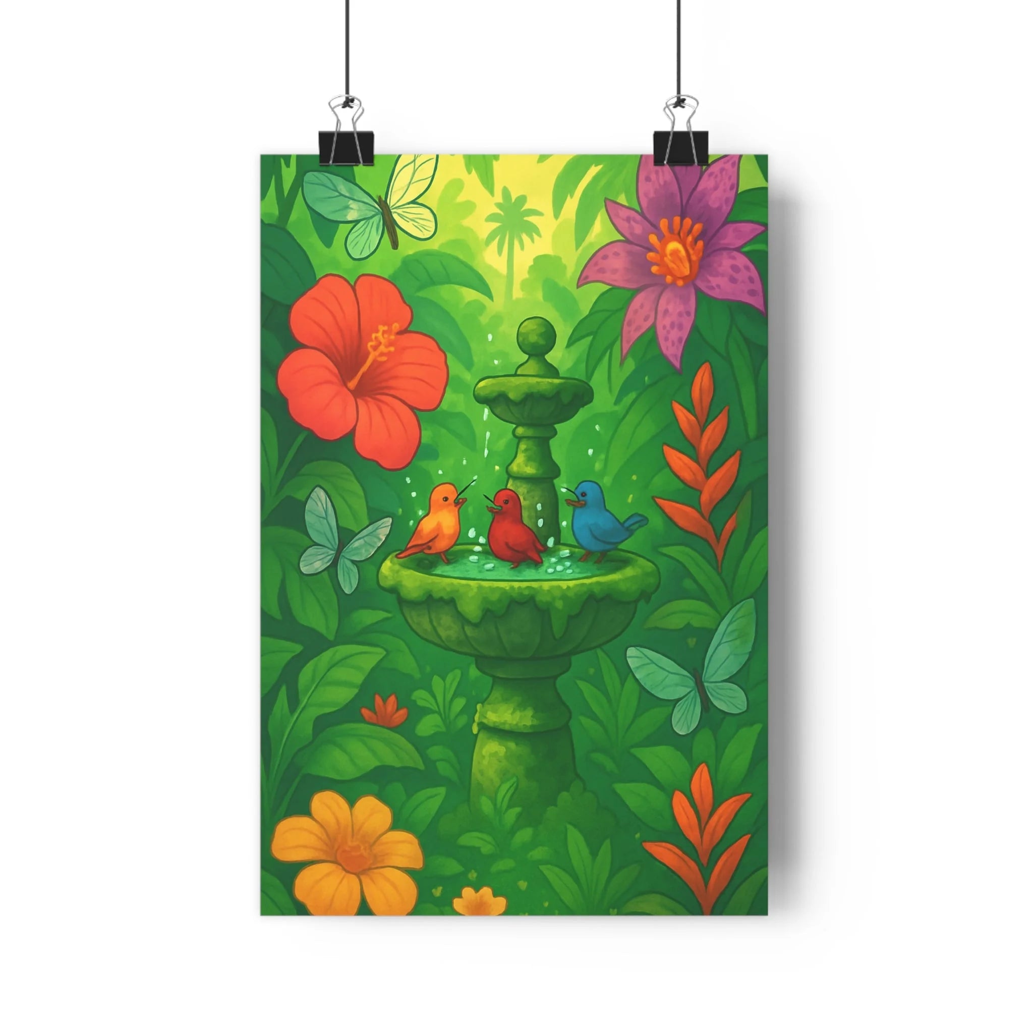 Poster décoratif cartoon nature bleu rouge vert serein salon chambre ambiance colorée murale jardin