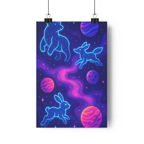 Poster galactique lapins bleu néon étoiles planètes rose violet nuages ondulants style moderne minimaliste ambiance légèrement fantastique chambre enfant aventure