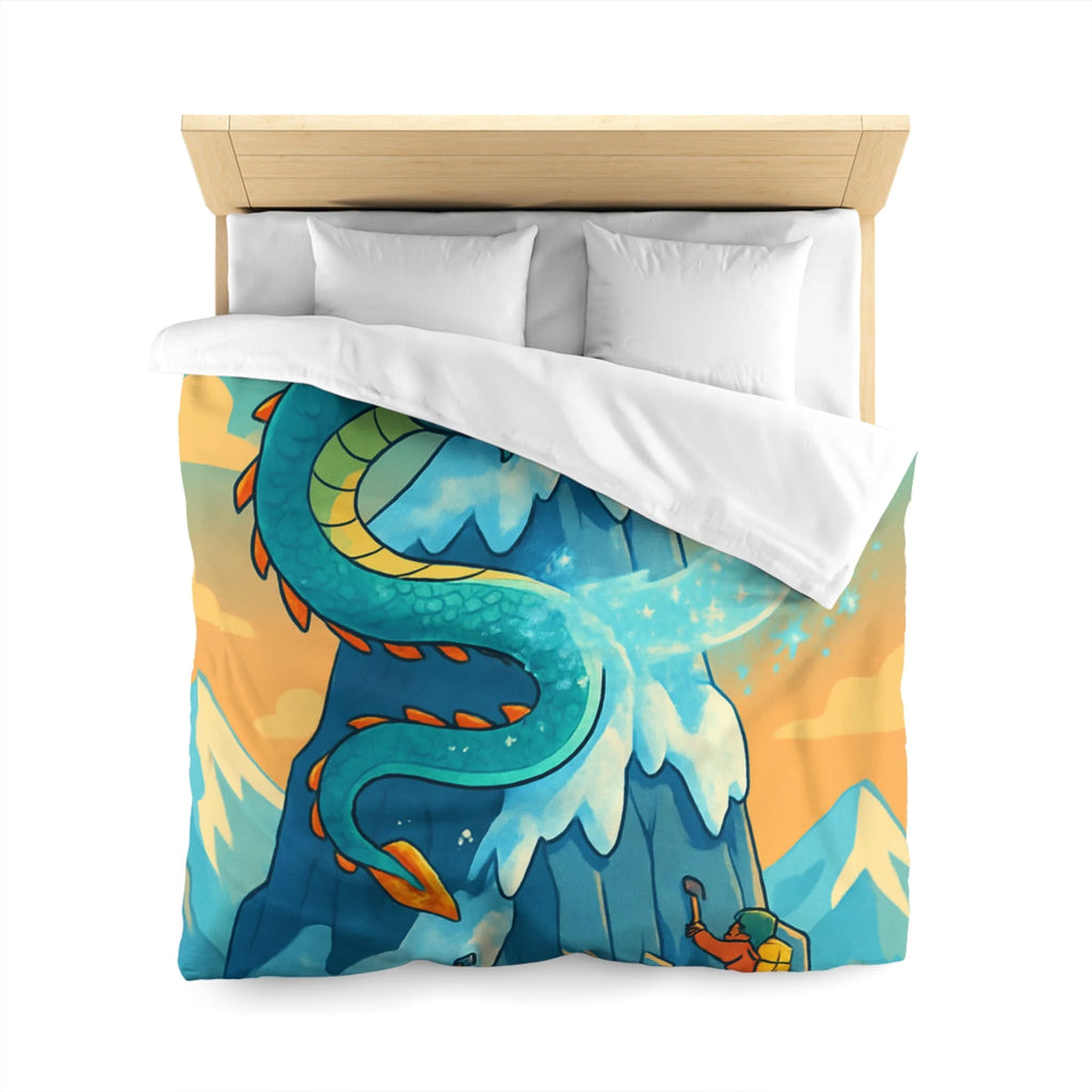 Montagne enneigée gardée par un dragon crachant de la glace, aventure épique illustrée