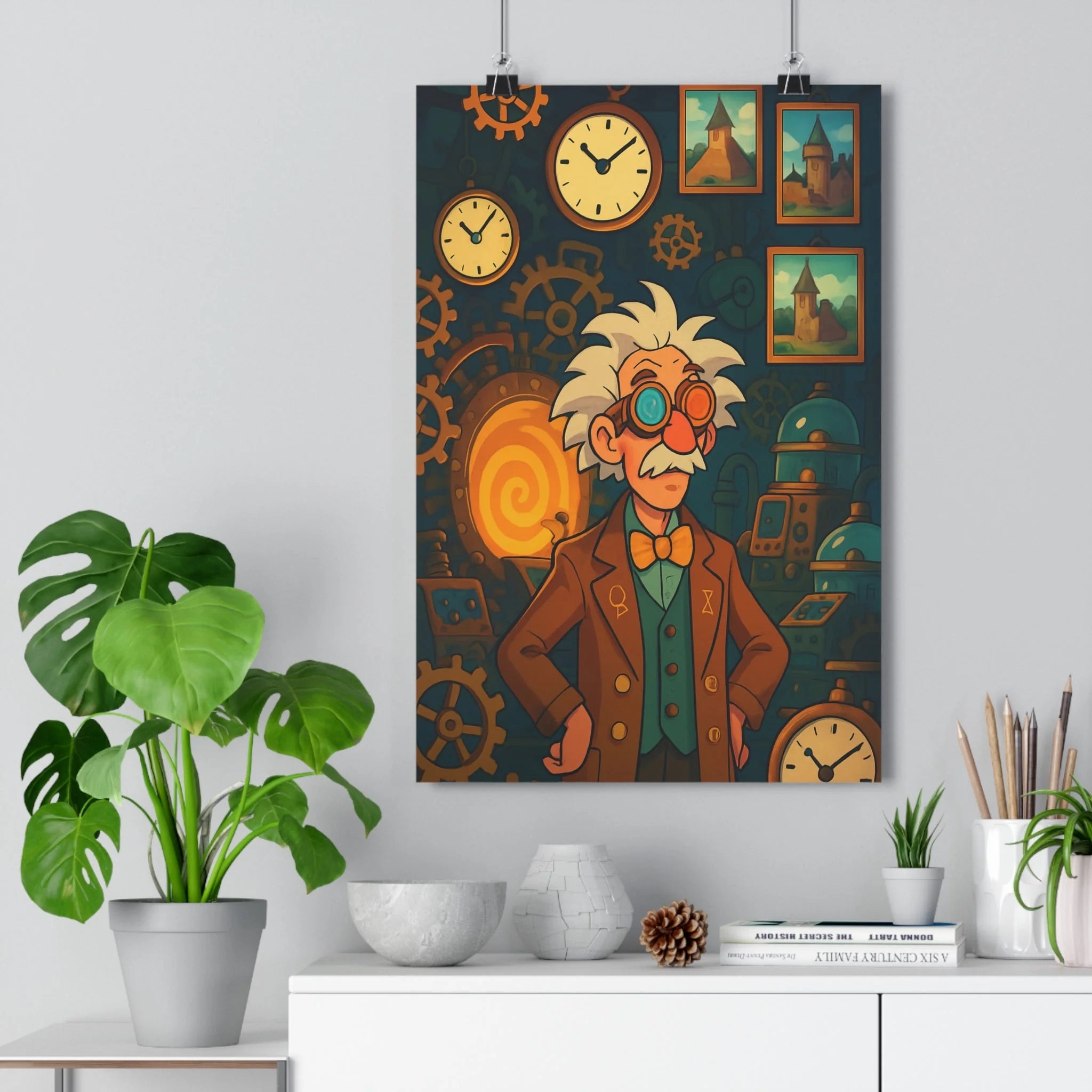 Poster décoratif steampunk vintage moustachu lunettes cuivre doré mystérieux inventif salon bureau rétro élégant