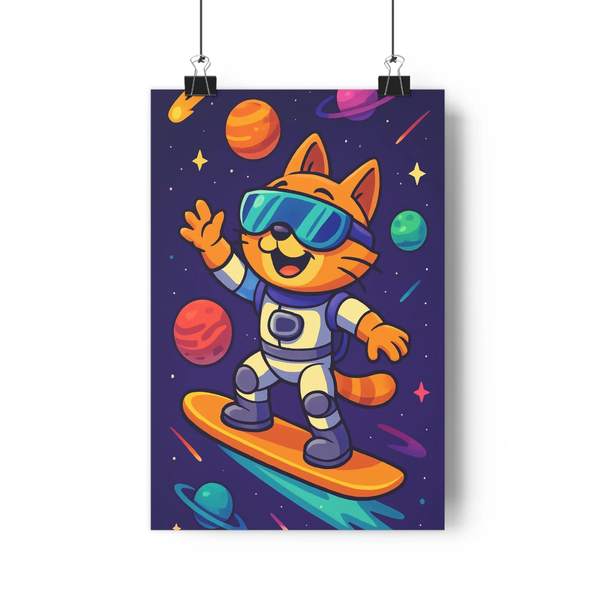 Poster décoratif surréaliste chat cosmonaute violet orange planètes étoiles joyeux enfant chambre espace tendance
