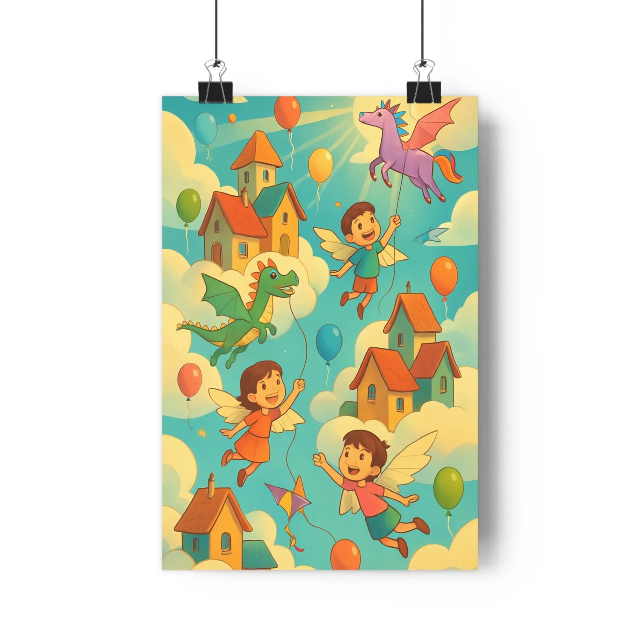 Poster décoratif enfant cartoon ciel bleu pastel joyeux magique chambre aventure créature nuage coloré