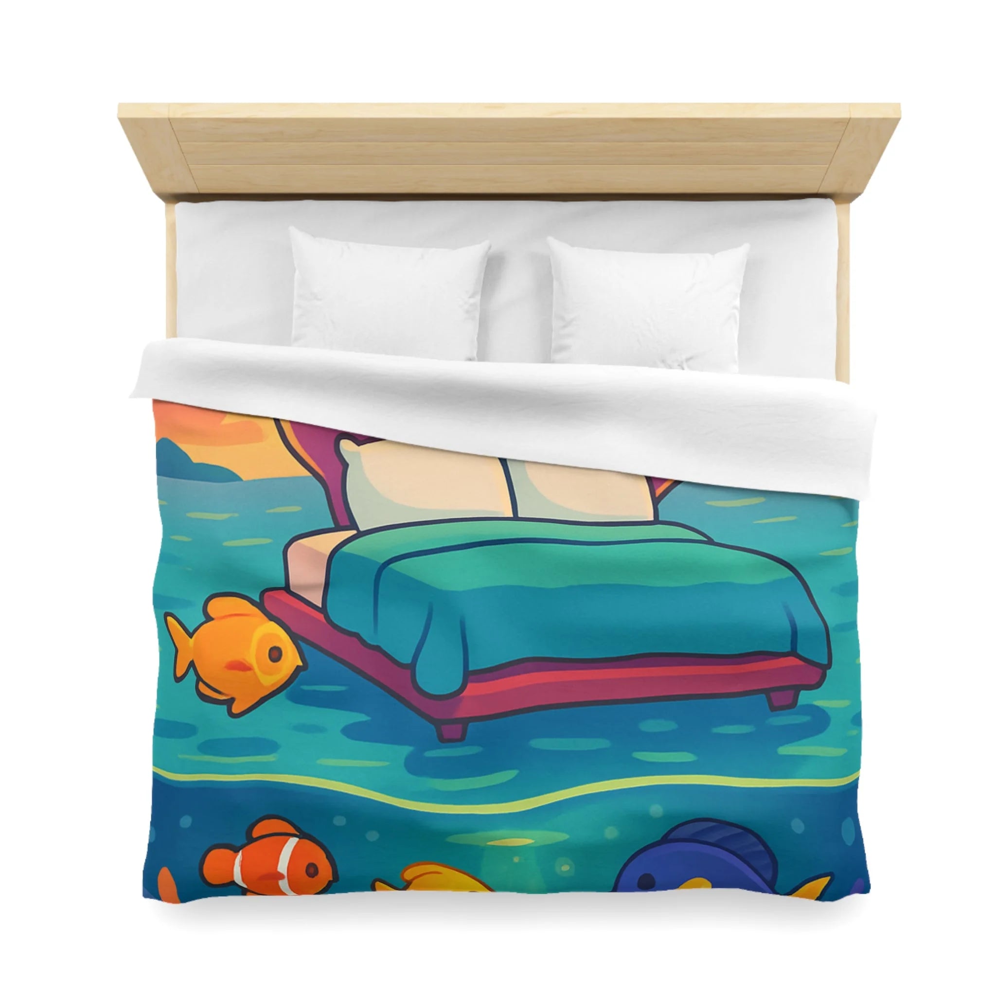 Housse de couette océan, lit coquillage, poissons tropicaux, ambiance coucher de soleil