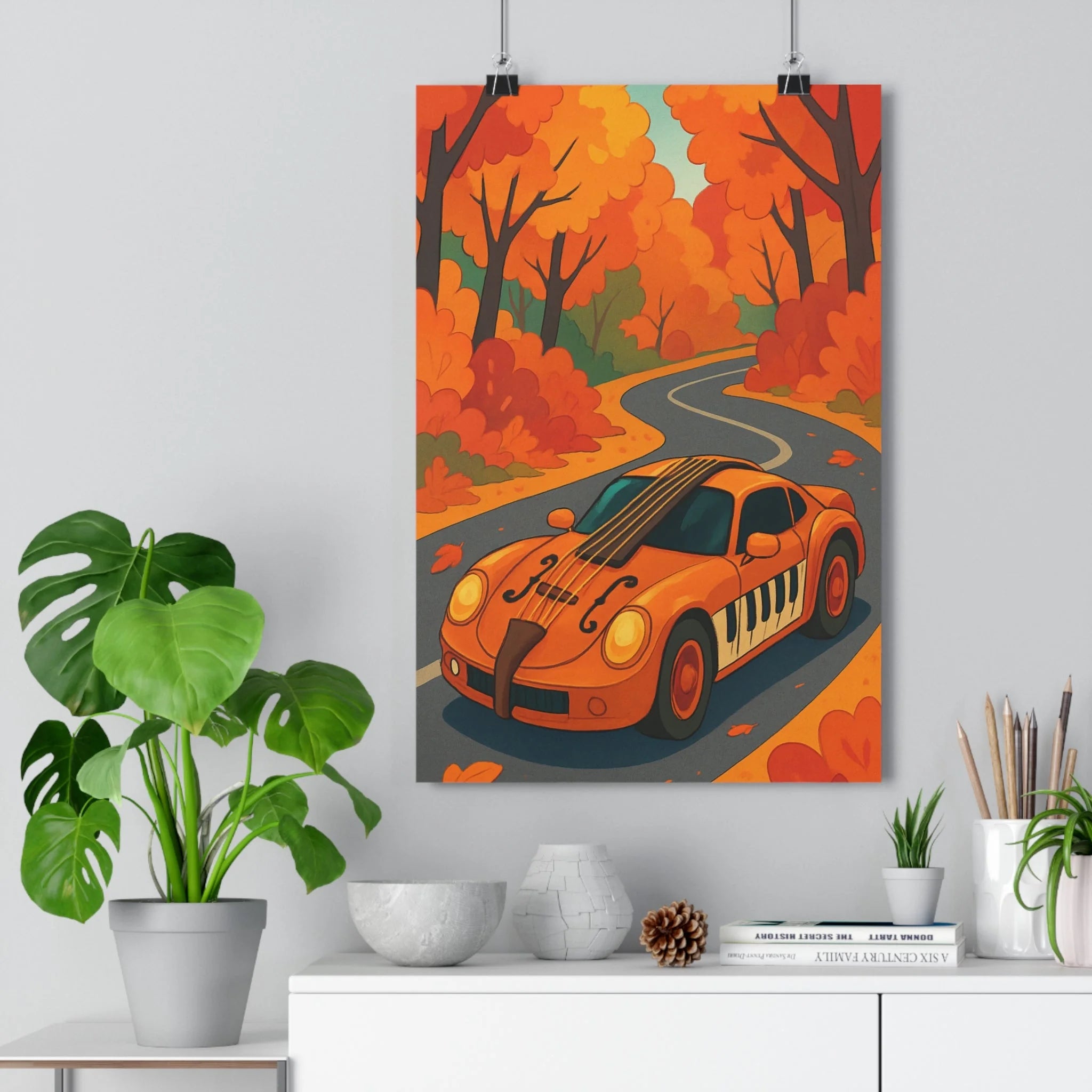 Poster décoratif automobile orange rouge moderne musical fusion paysage automnal salon bureau surréaliste 30x46