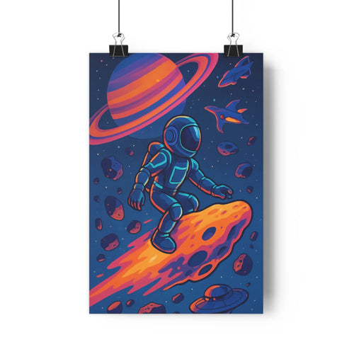 Poster aventure astronaute espace météorite fumée ciel nocturne planètes anneaux plante verte étagère crayons bleu orange violet moderne cartoon exploration