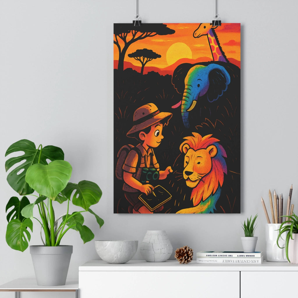 Poster décoratif safari dessin animé coloré aventure enfant animaux lion girafe éléphant vibrant chaleureux