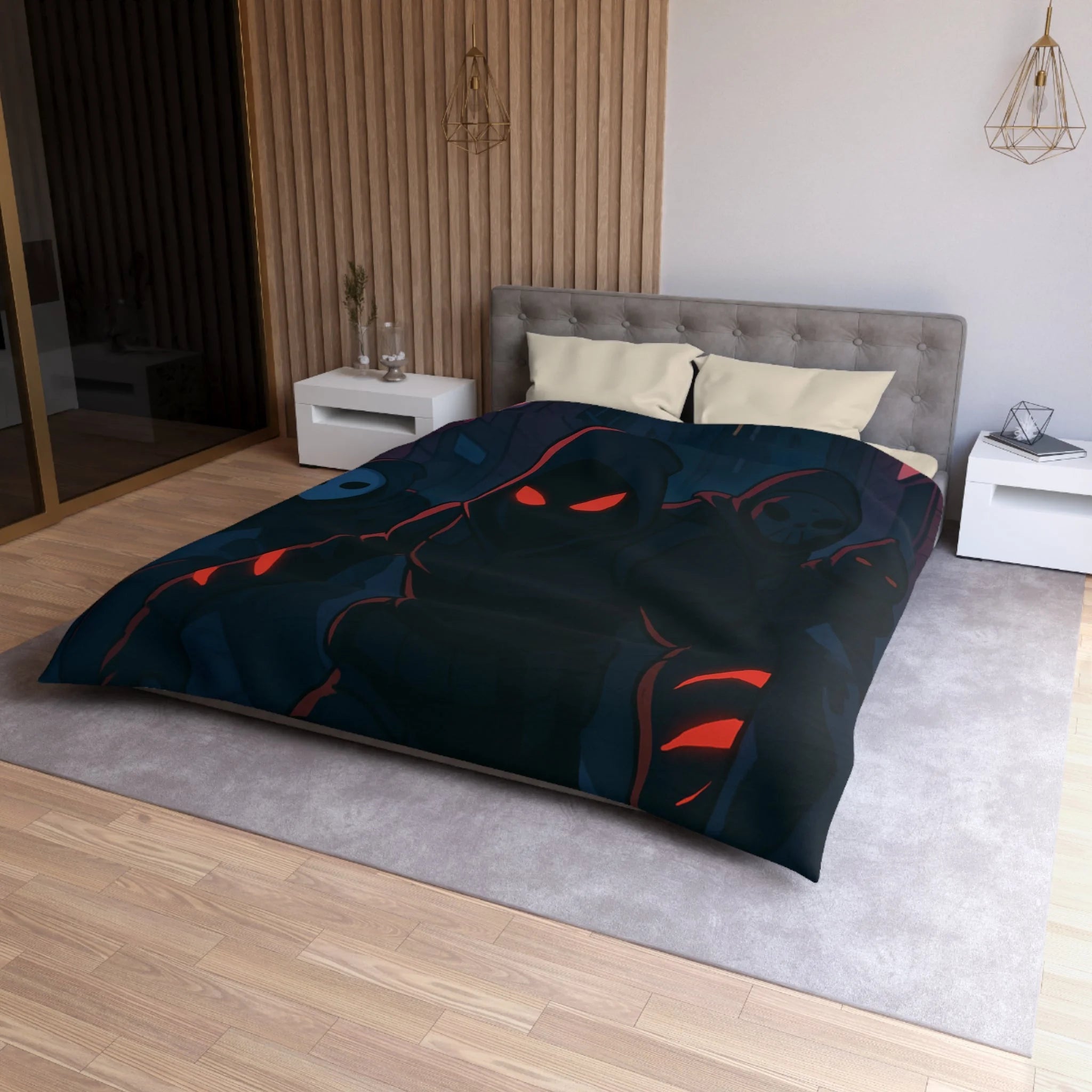 Housse de couette urbaine avec silhouettes mystérieuses et ambiance sombre néon