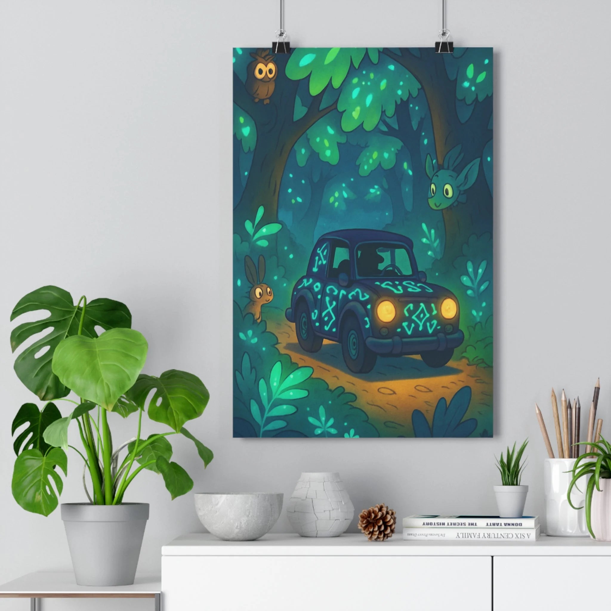 Poster décoratif mystique forêt enchantée voiture lumineuse animaux hibou lapin vert bleu chambre 30x46