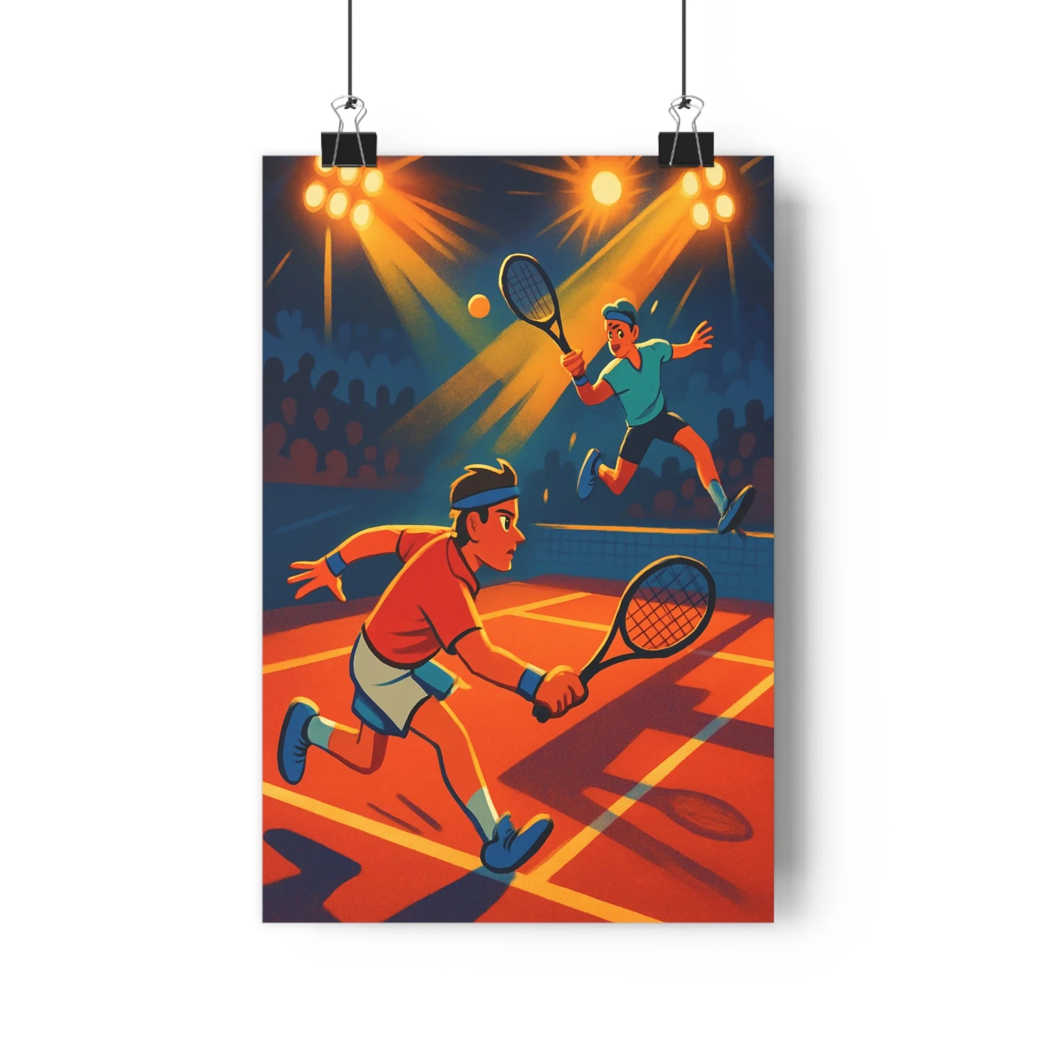 Poster décoratif vibrant cartoon orange bleu tennis dynamique salon enfant ludique sport compétitif ambiance
