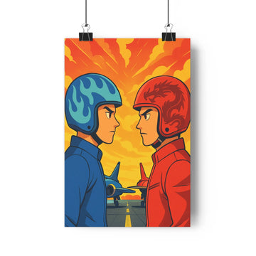 Poster illustré combinaisons spatiales casques contrastés confrontation intense couleurs chaudes nuages fumée vaisseaux spatiaux ambiance future environnement dynamique vibrant energétique
