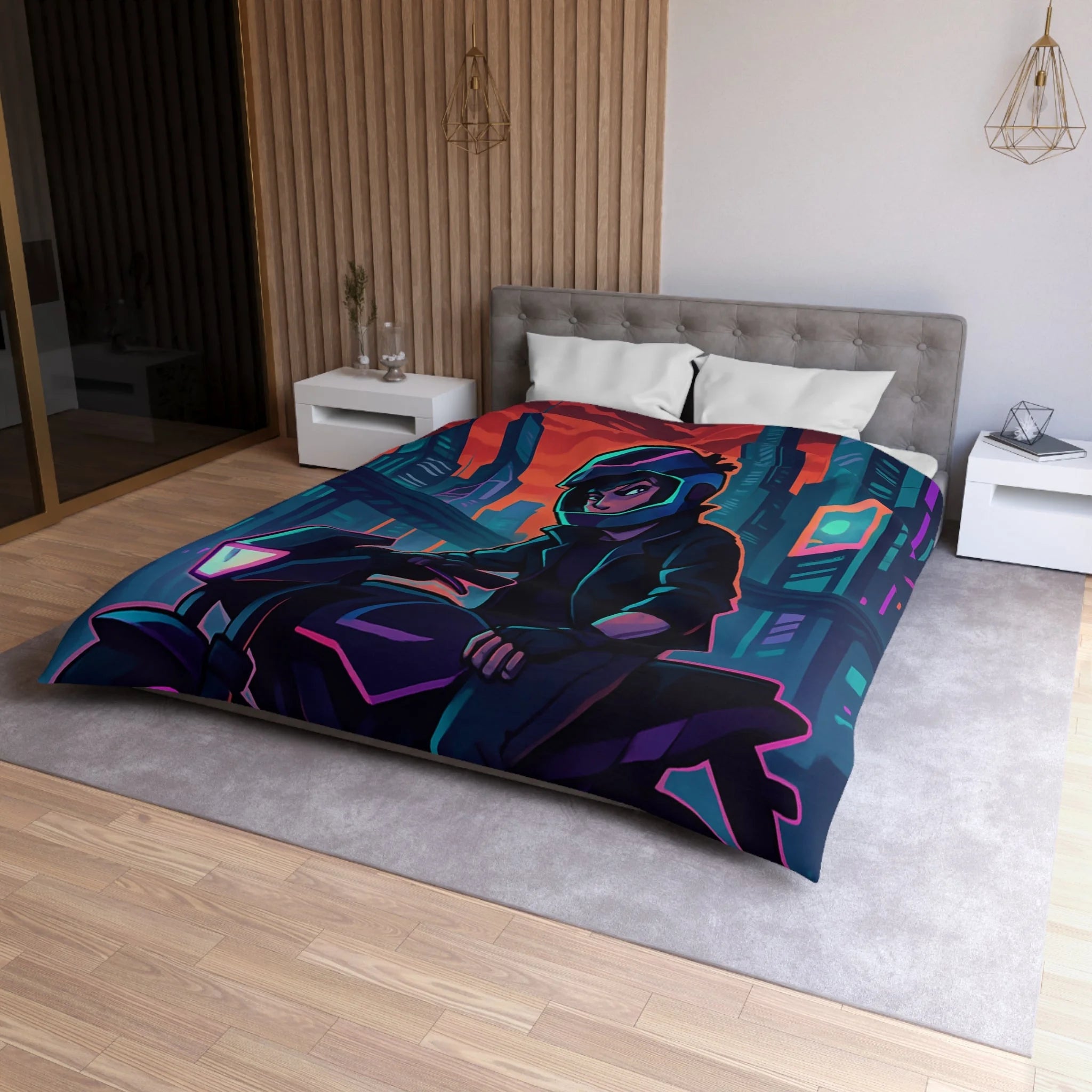 Housse de couette urbaine avec motard futuriste dans une ville de néons colorés